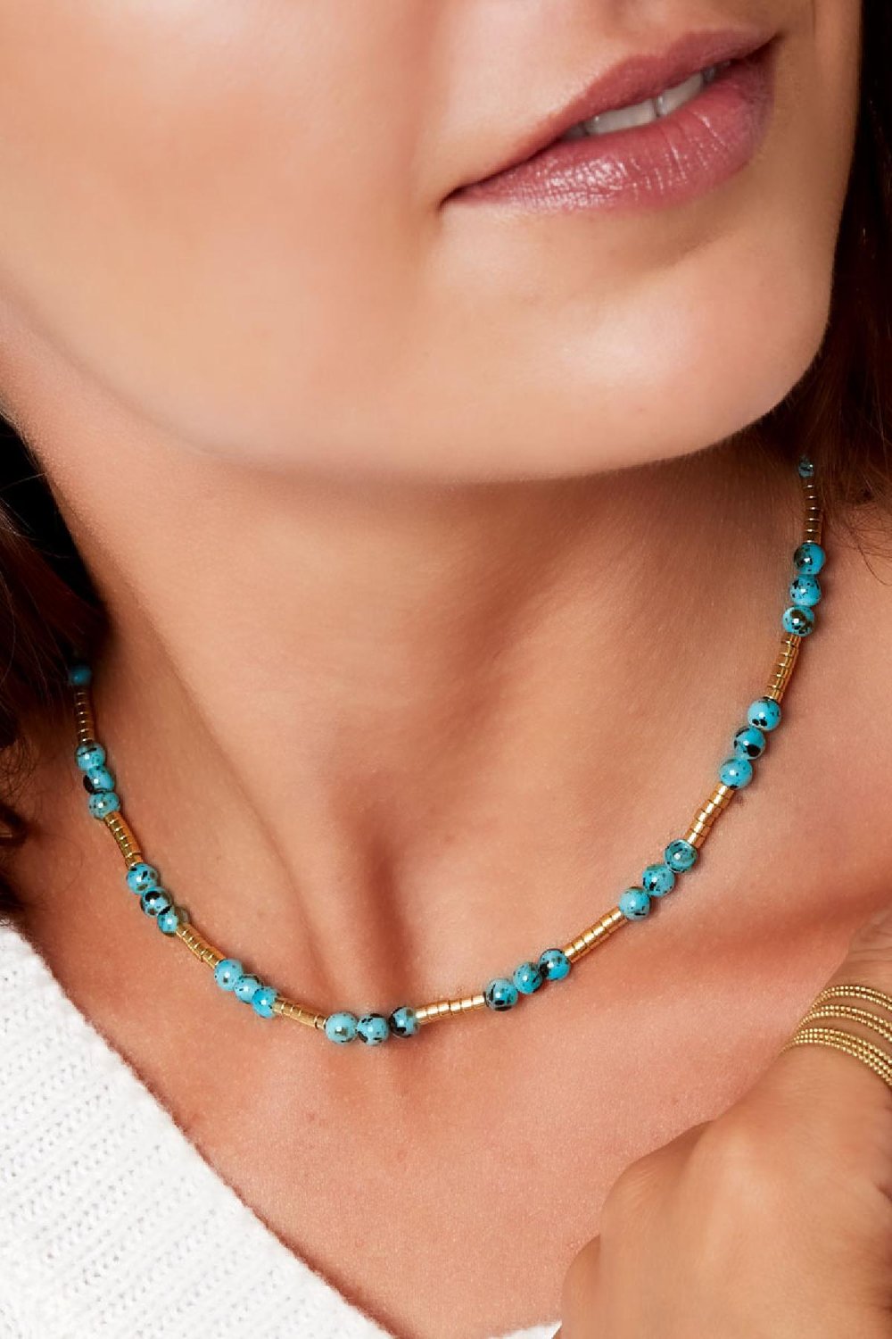 Collier de perles avec pierre naturelle bleue Bleu & Couleur or Acier inoxydable h5Image4